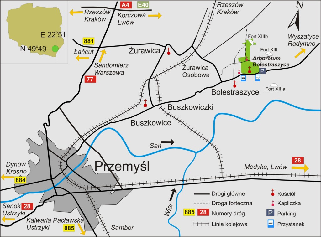 Mapa pokazuje drogę do Arboretum z Przemyśla. Na mapie zaznaczone są jeszcze pobliskie miejscowości jak Żurawica, Buszkowice, Buszkowicki.
